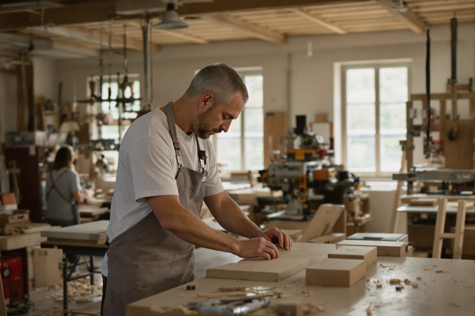 Atelier de menuiserie, artisan à l'établi