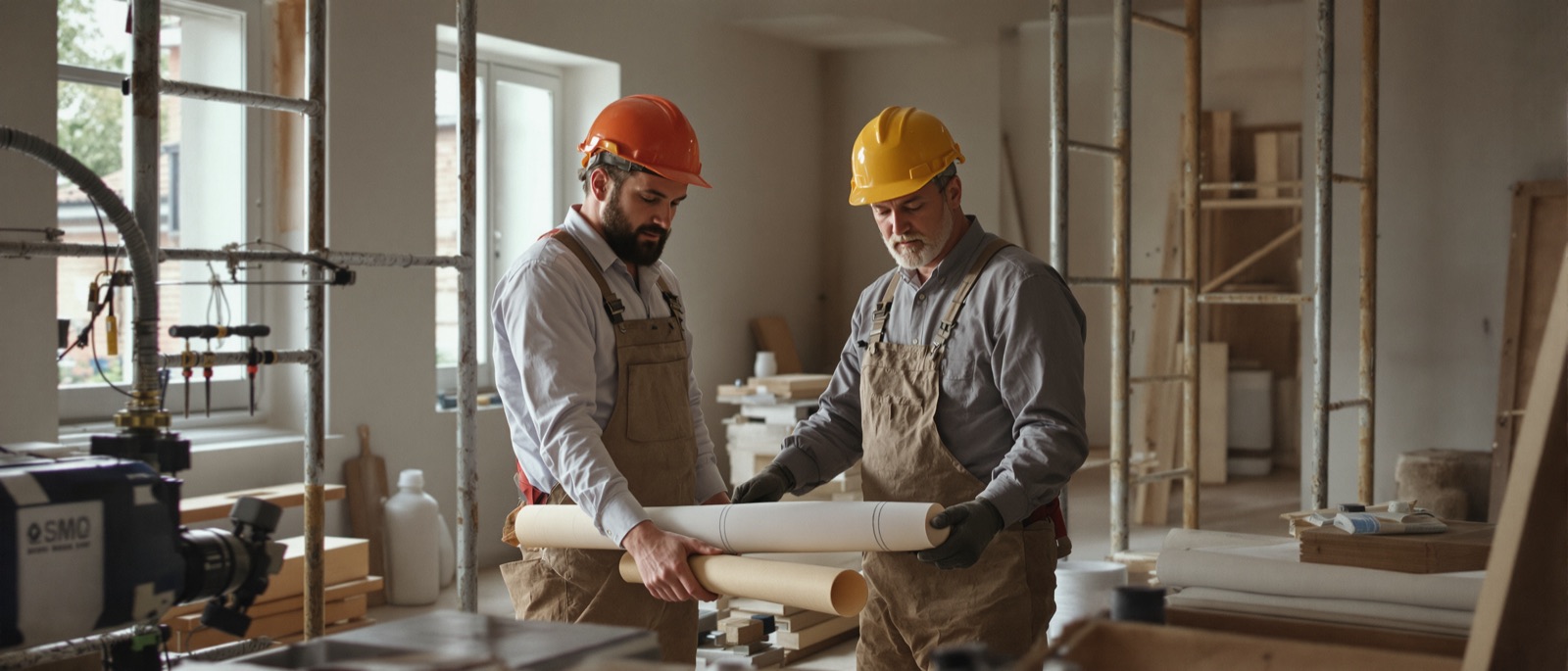 Chantier de rénovation, deux artisans devant un plan