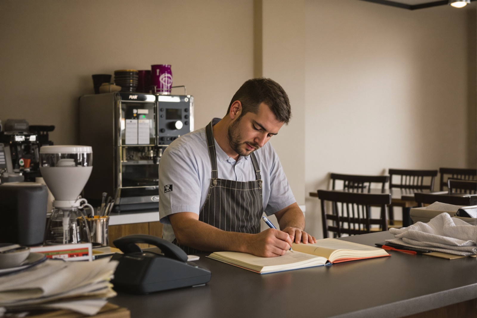 Comptoir d'un bistrot, carnet de réservations et téléphone