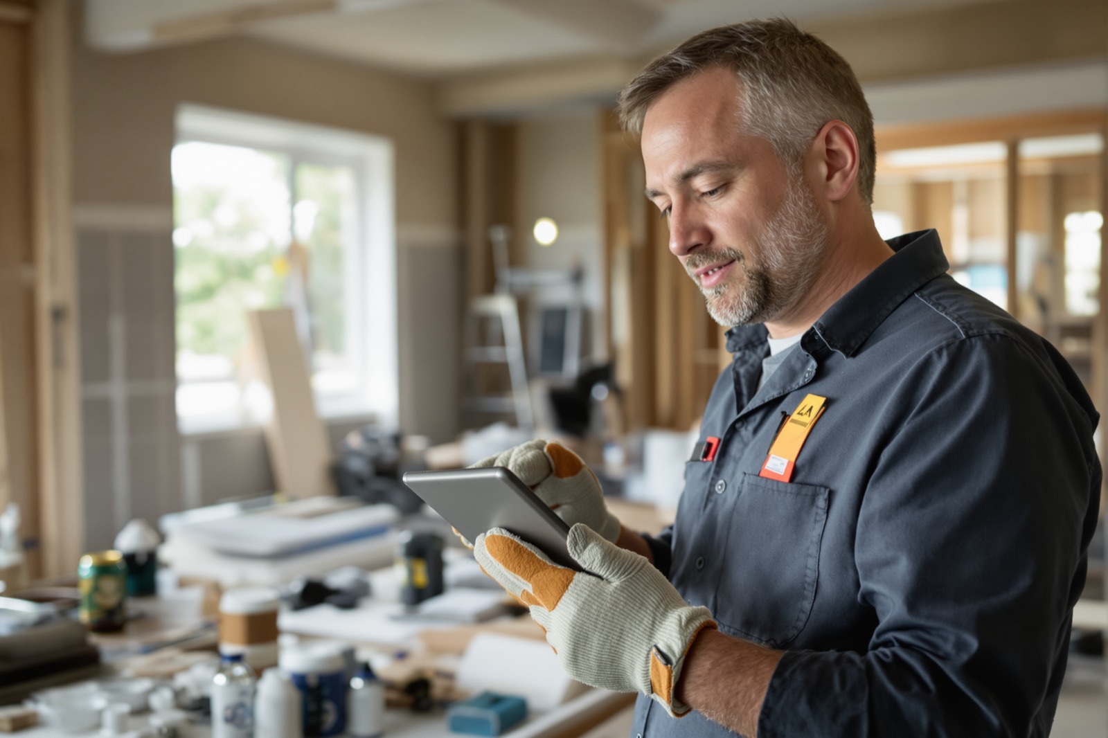 Conducteur de travaux consultant un planning sur chantier