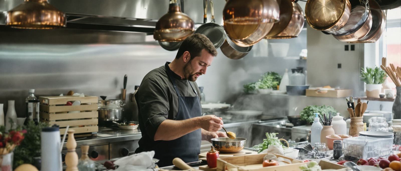 Cuisine d'un restaurant indépendant pendant la mise en place